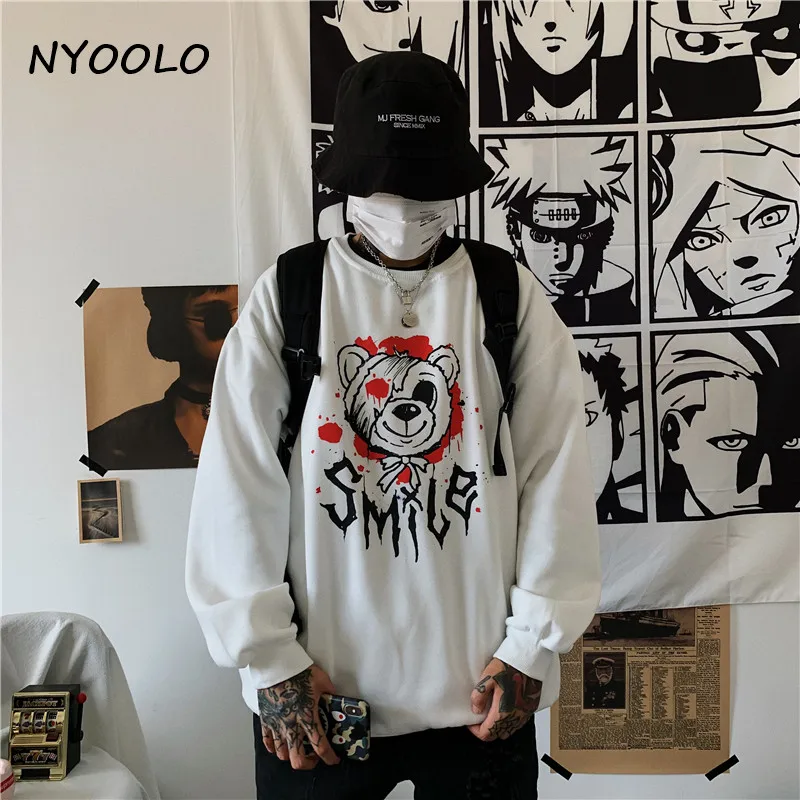 NYOOLO, Ретро стиль, травмированная улыбка, медведь, с буквенным принтом, теплая толстовка, Осень-зима, длинный рукав, Круглый ворот, пуловеры, толстовка, женская, мужская одежда