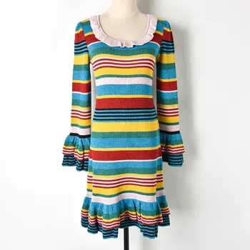 

Striped Rainbow Sweater Dress Women Contrast Color Glitter Ruffles Hem Long Sleeve Dress O-Neck Knee-lengh Knit Dress P-123