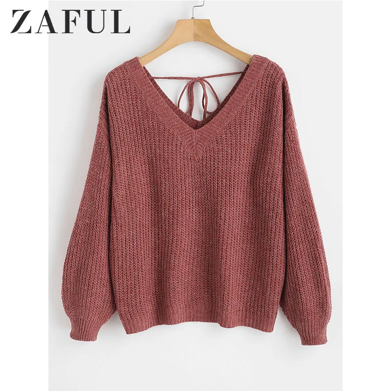 Comprar ZAFUL alta calidad gruesa caliente mujeres suéter moda tejido suave suéter Jersey otoño cuello en V caída hombro superior mujeres suéteres