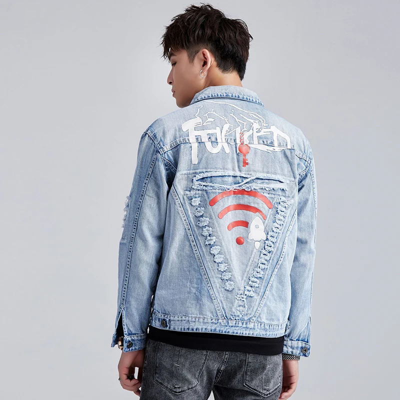 

Fashion Ripped Jeans Jacket Men Denim Jacket Skull Printed Streetwear Hole Denim Jacket New Hip Hop Cowboy Outwear for Male blue