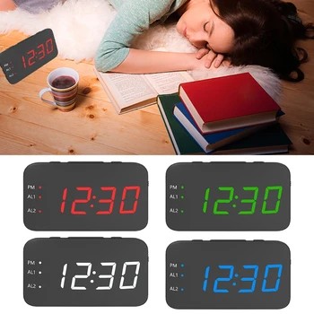 

LED Mirror Digital Dual Alarm Clock Snooze USB Table Wake Up Light Temperature