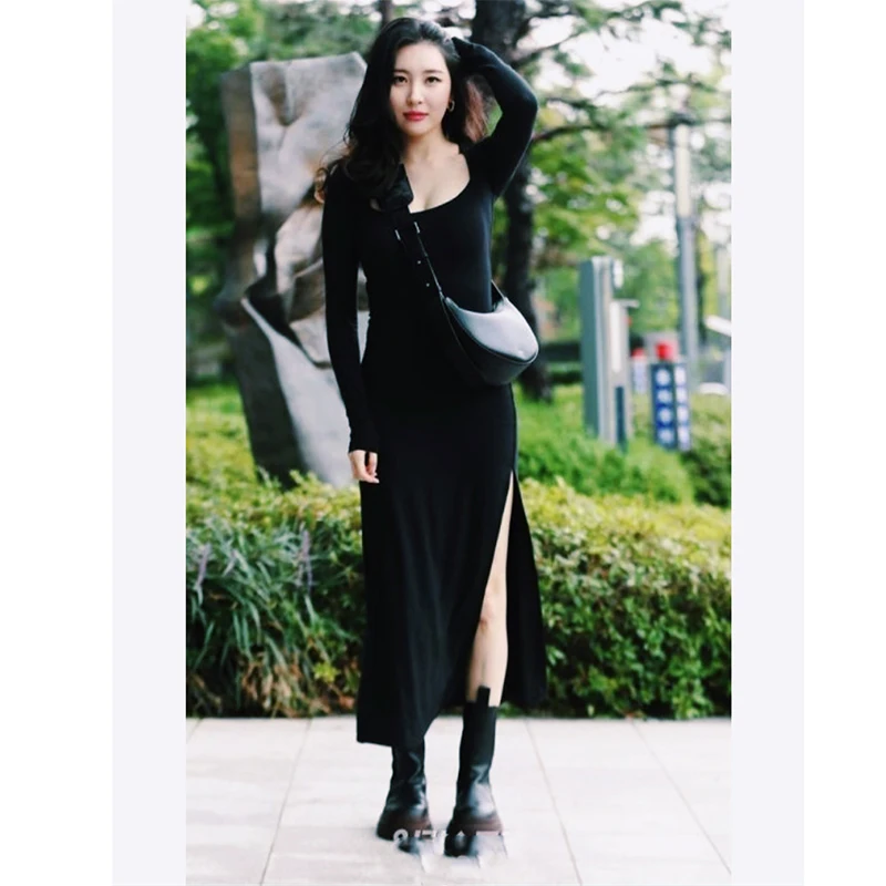

Elegant Sexy Hight Split Hem Bodycon Dresses Women Vintage Long Sleeve Square Collar Chic Dress Elasti Slim Fit Black Dresses