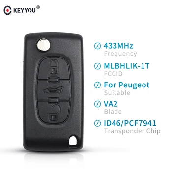 

KEYYOU VA2 Car Key ASK 433 mhz ID46 - PCF7941 For Peugeot 207 407 306 Partner ect 3 Button Flip Remote Fob CE0523