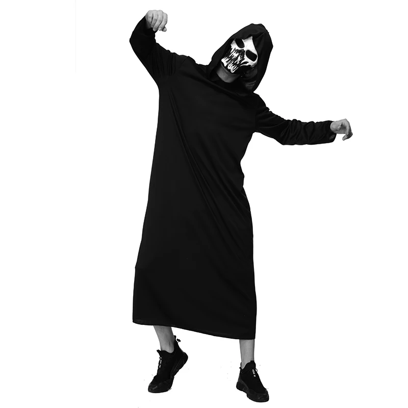 Ghost Face Hooded Gown Costume Adult Scary Demon Skeleton Costume Unisex Halloween Death Cosplay Black Robe With Mask