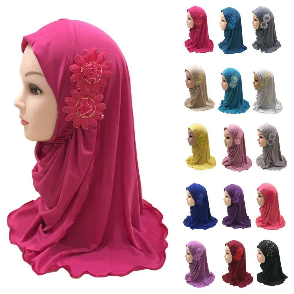 Kids Girls Amira One Piece Paryer Hijab Scarf Muslim Islam Arab Head Wrap Shawl 