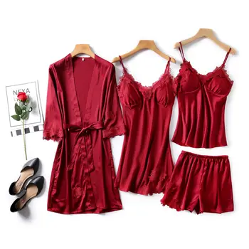 

4 Pieces/set Womens Pajamas Satin Bathrobe Lace Top Women Summer Shorts 2019 Pyjama Mujer for Women Sleepwear Female Nightgown