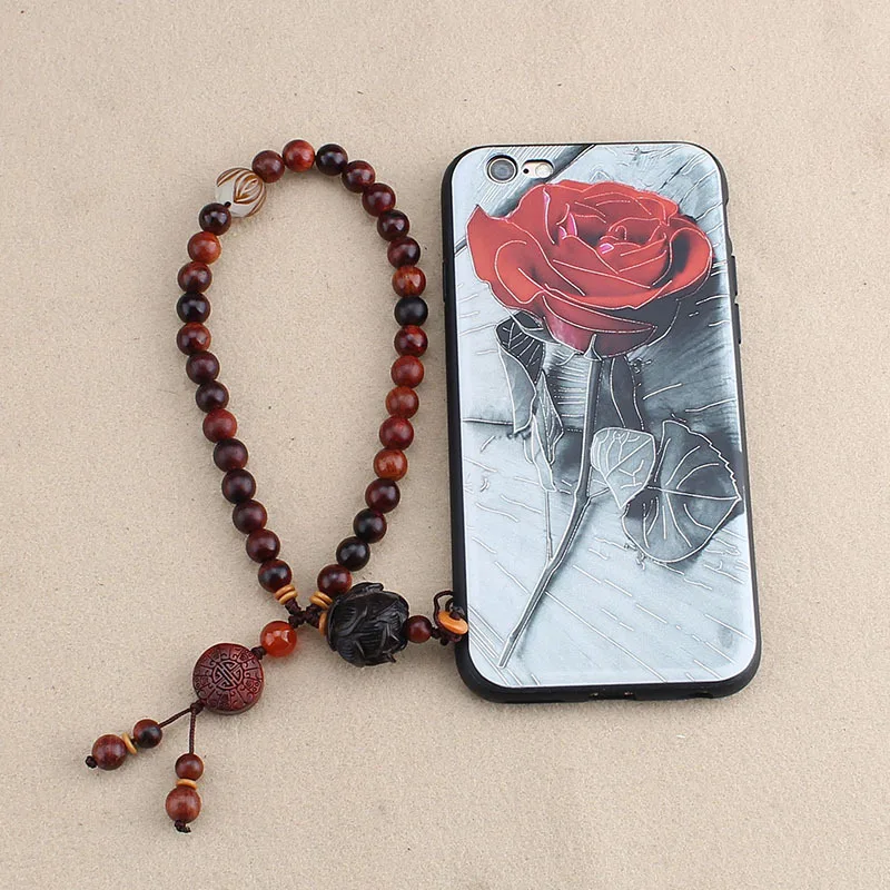 

New short literary retro red rosewood bead woven mobile phone chain detachable wrist rope mobile phone case anti-lost chain rope