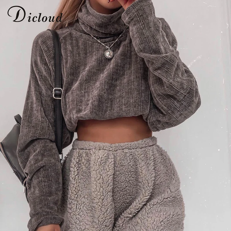 

DICLOUD Casual Turtleneck Corduroy Crop Sweatshirt Women Gray Long Sleeve Sexy Pullover Winter Spring Fashion Ladies Top