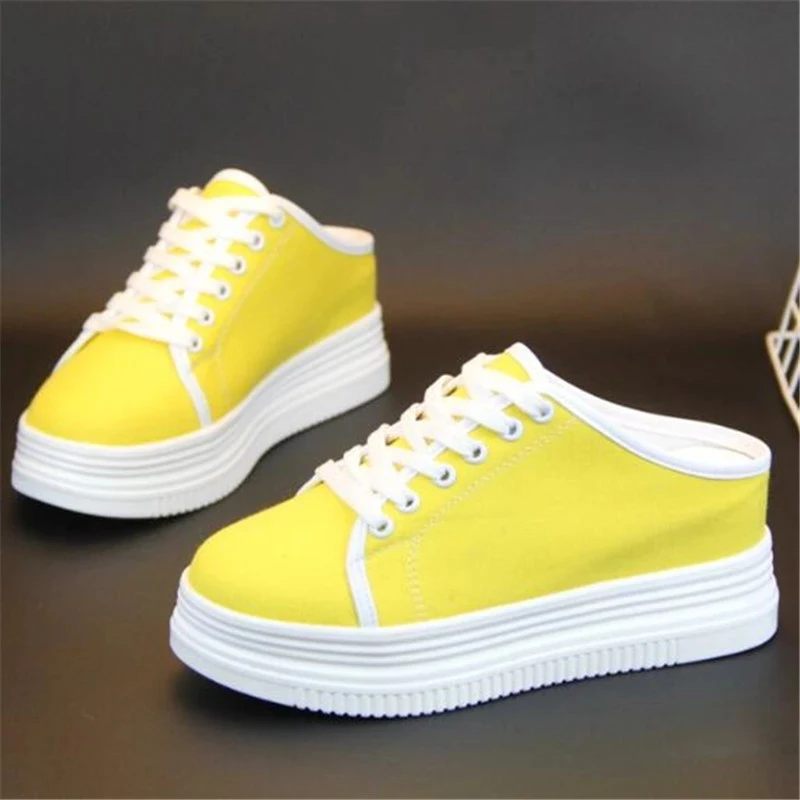 

2024 Summer New Platform Wedges Sneakers Women Canvas Casual Shoes Woman Breathable Sneakers Open Heel Backless Loafers Slippers