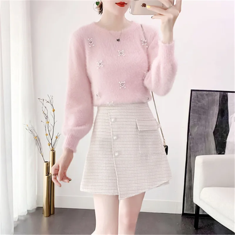 Picture color Подиумные высококачественные женские комплекты из двух предметов Изящный шерстяной вязаный пуловер с бисером+ неравномерная Короткая юбка комплект - Цвет: Picture color