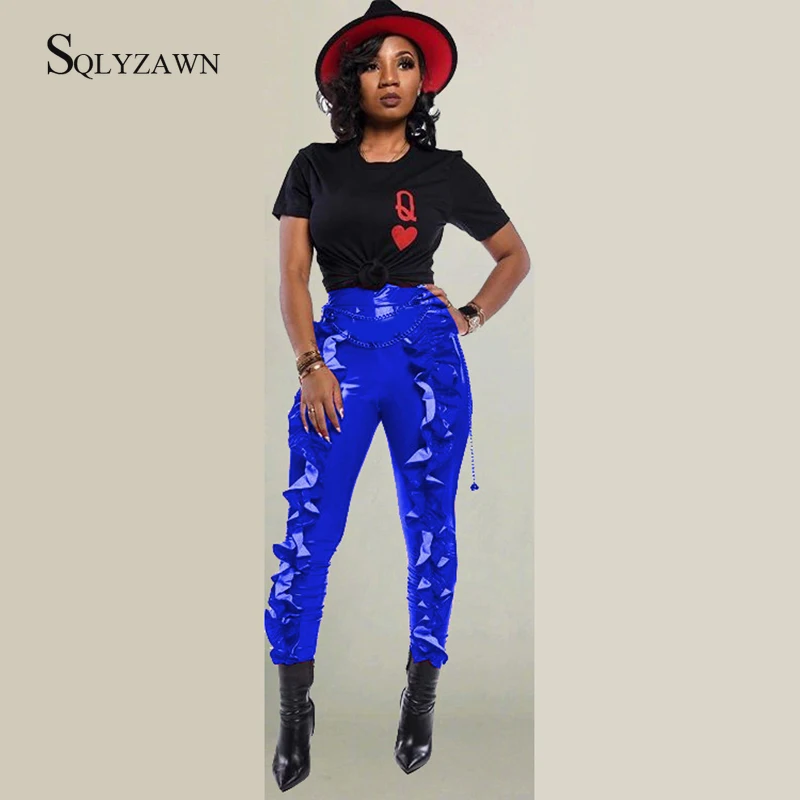 High Waist Ruffle Patchwork Pu Leather Skinny Pants Women Streetwear