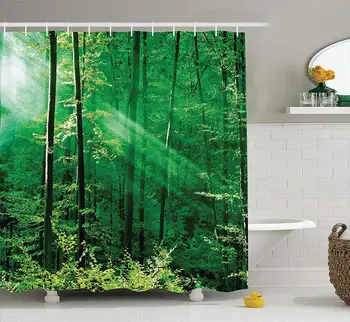 

Farm House Decor Shower Curtain Set Sunlight Bursting Into The Forest Trees Foliage Misty Morning Serenity Picture Bathroom