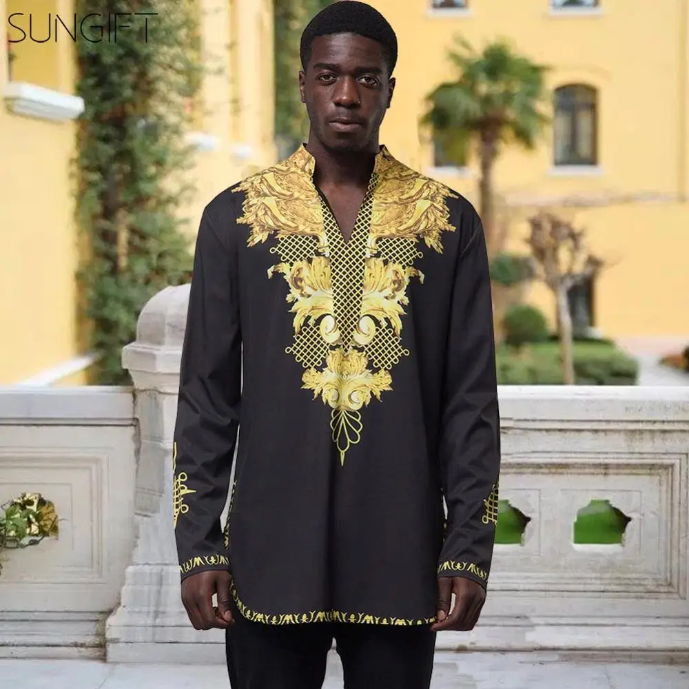 SUNGIFT Африканский мужской топ с длинными рукавами Африка Дашики V шеи большой размер Топ африканская одежда для мужчин новая модная одежда с принтом