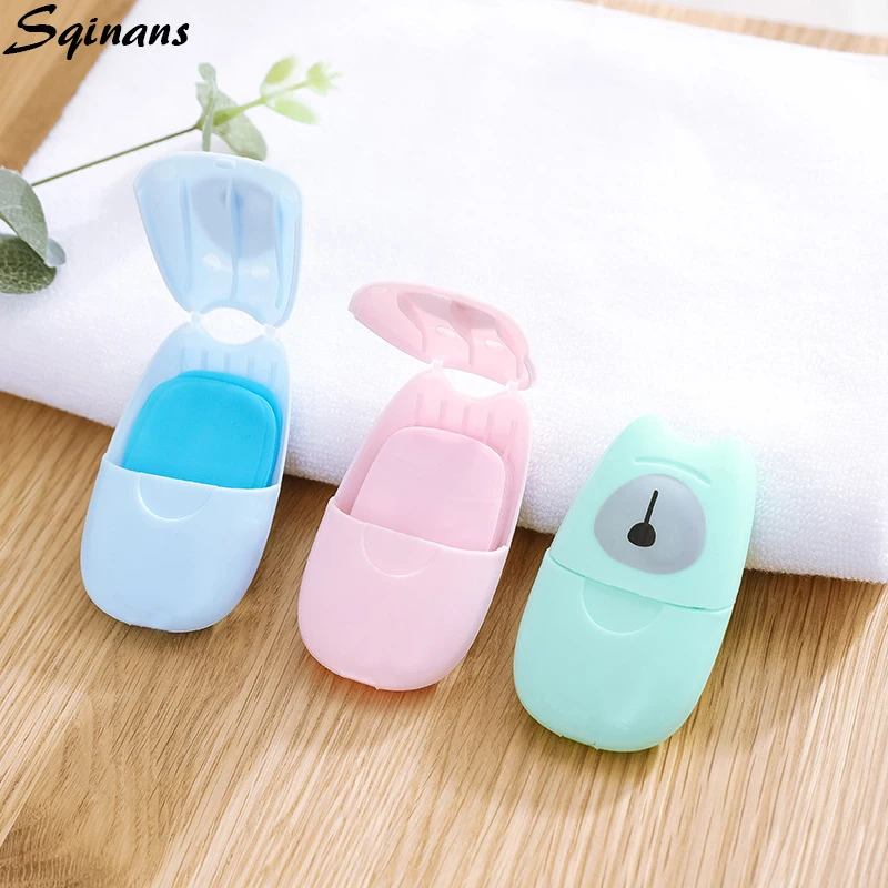 

Sqinans 50pcs Disposable Soap Paper With Storage Box Travel Portable Hand Washing Box Scented Slice Sheets Mini Soap Paper