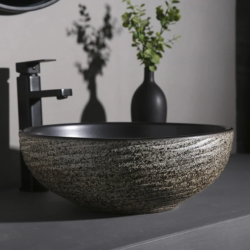 

Taiwan basin retro art basin sink Taiwan basin home courtyard balcony black round ceramic washbasin outdoor Bathroom Basin