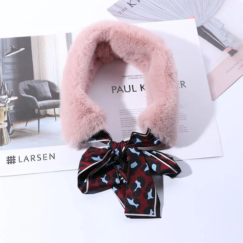 Winter women ring Scarf Girls Scarves Imitation Rabbit Fur Collar Scarf Bow Comfortable Neck Warmers - Color: Pink