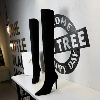

2020 Fashion Runway Stretch Fabric Sock Boots Pointy Toe Over-the-Knee Heel Thigh High Pointed Toe Woman Boot