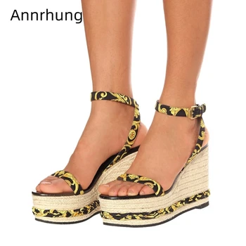 

Printed Color One-strap Gladiator Sandals Women High Platform Straw Knitted Wedges Cross Ankle Strappy Catwalk Shoes Woman