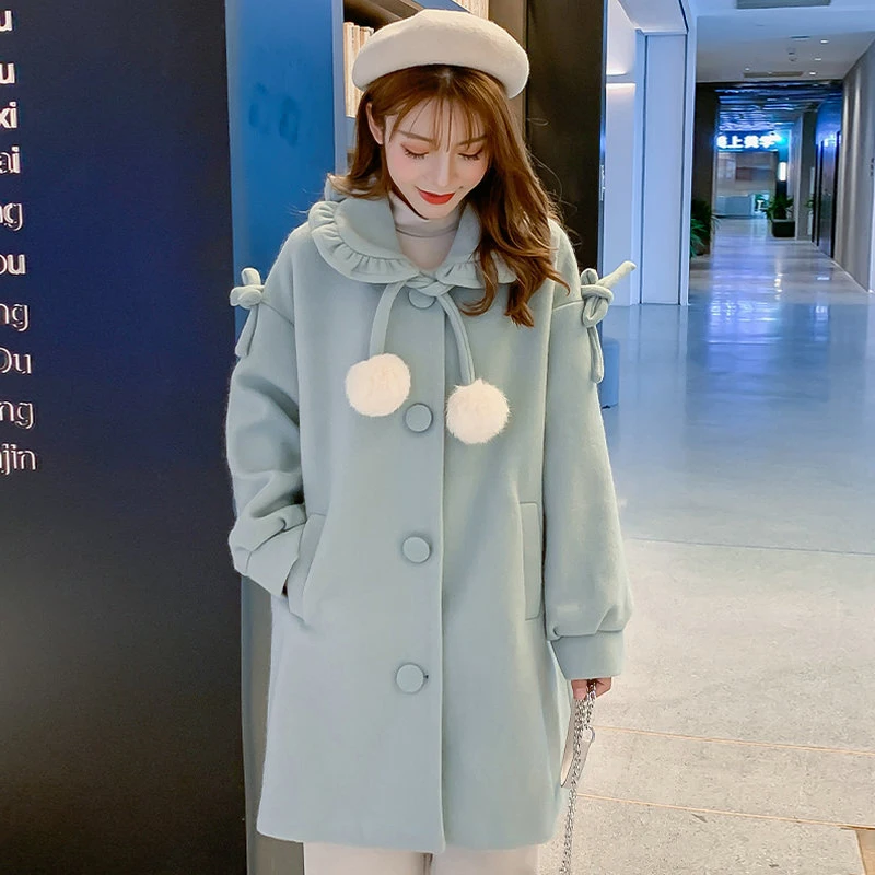 Preppy Style Women Light Blue Tweed Coat Peter Pan Collar Single Breasted Wool Blend Overcoat Woman Oversized Outerwar Autumn