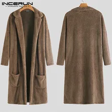 INCERUN зимний мужской Тренч модная верхняя одежда однотонный длинный кардиган из искусственного флиса уличная одежда с длинным рукавом шикарные пушистые куртки пальто