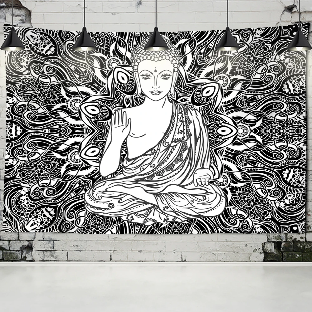 Indian God Ganesha Tapestry Indian Black White Buddha Statue Temple