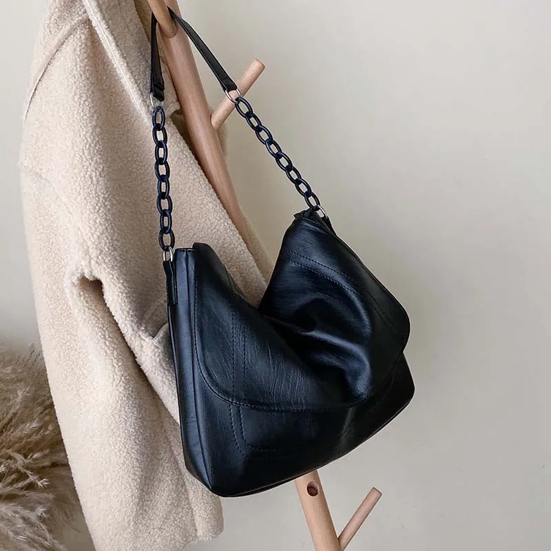  Chain PU Leather Solid Color Shoulder Bags For Women 2019 Black Travel Handbags Lady Simple Hand Ba - 4000314037384