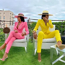 

Fashion Temperament Temale Office Red And Yellow Business Suit Classic Double-Breasted Nine-Point Suit Pants Suit Two-Piece