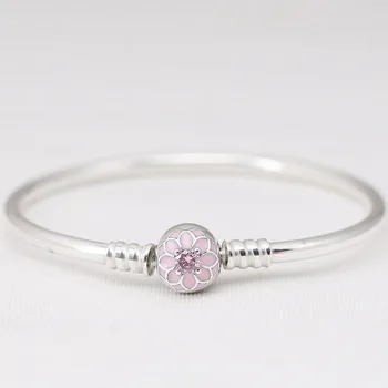 

New 925 Sterling Silver Bangle Pink Blooming Dahlia Clasp Snake Chain Basic Bracelet Bangle Fit Women Bead Charm Diy Jewelry
