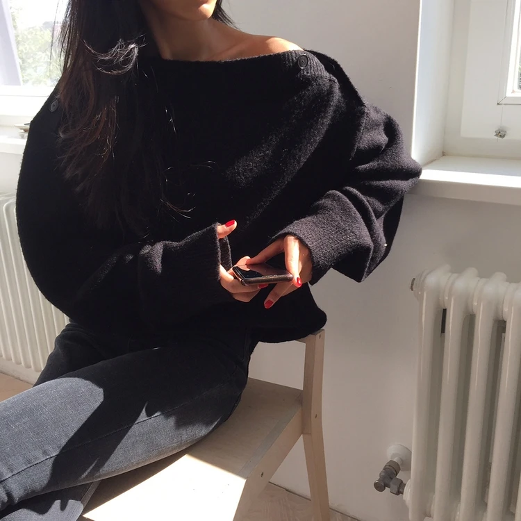 Thick Winter slash neck Sweater Women pullover Girls Tops Loose Autumn Female Elegant Knitted Outerwear Sweater Warm Oversize