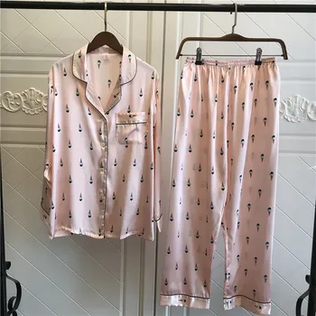 

Youhottest Long Sleeves Pijama Floral Print Women Nature Silk Pajamas