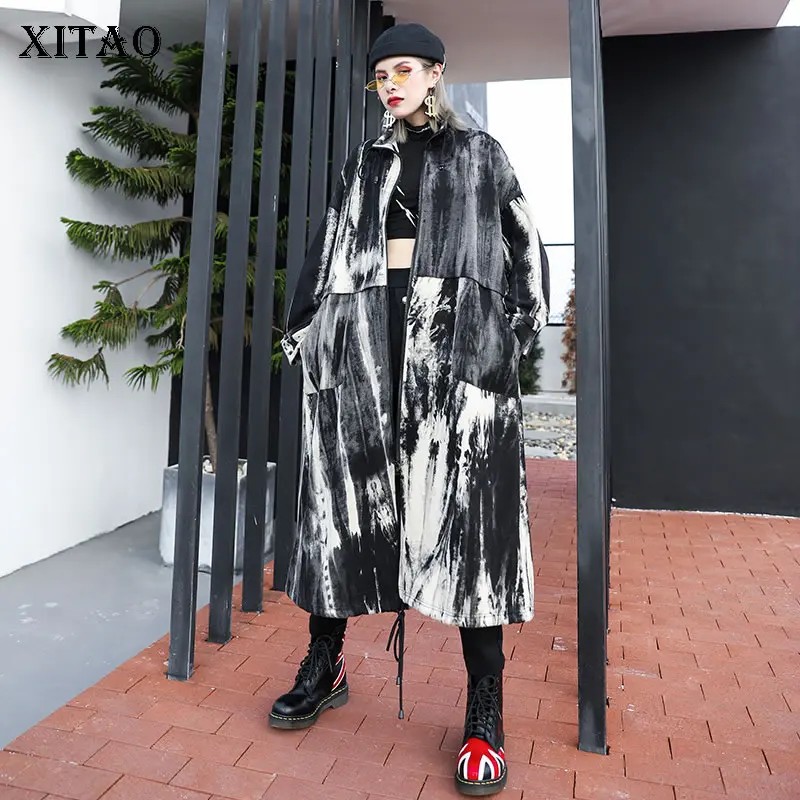 

XITAO Plus Size Print Trench Women Fashion New 2019 Autumn Pocket Drawstring Elegant Small Fresh Minority Style Coat GCC2366