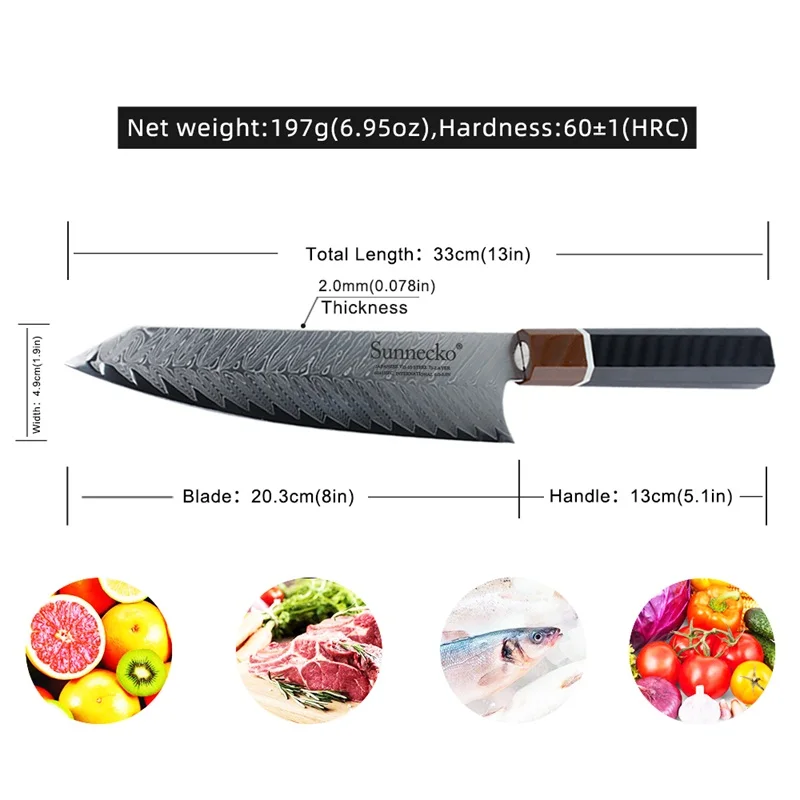 Sunnecko 8 дюймов Дамасская сталь шеф-повара нож японский VG10 мясо рыба овощи кухонные ножи G10 Ручка
