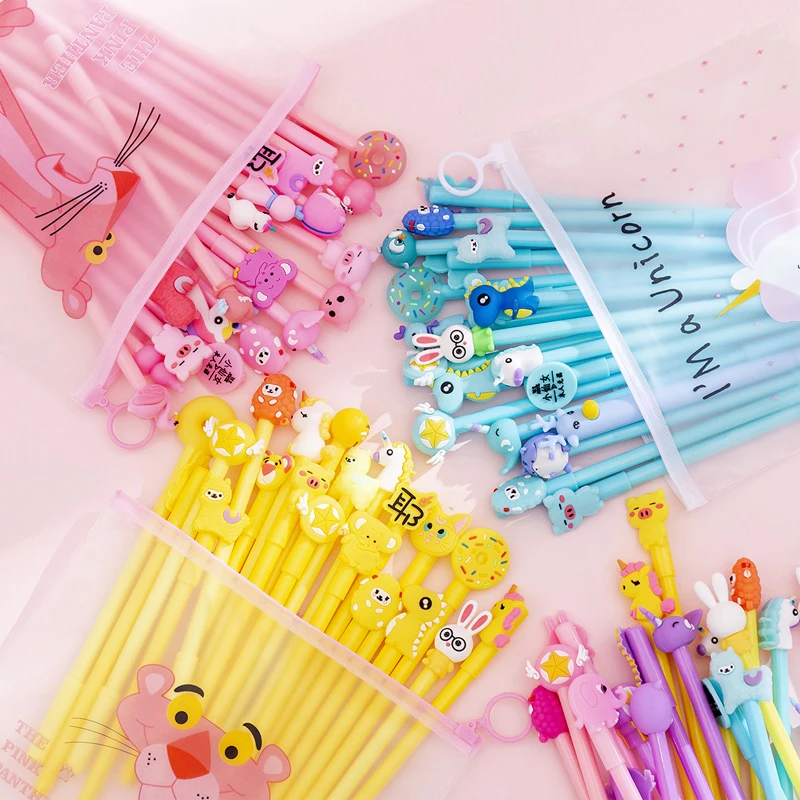 

20pcs/set Cute Solid Color Gel Pen Set Yellow Blue Purple Pink Gel Pen With Pencil Bag Kawaii Random Pattern Unicorn Pony 0.38mm