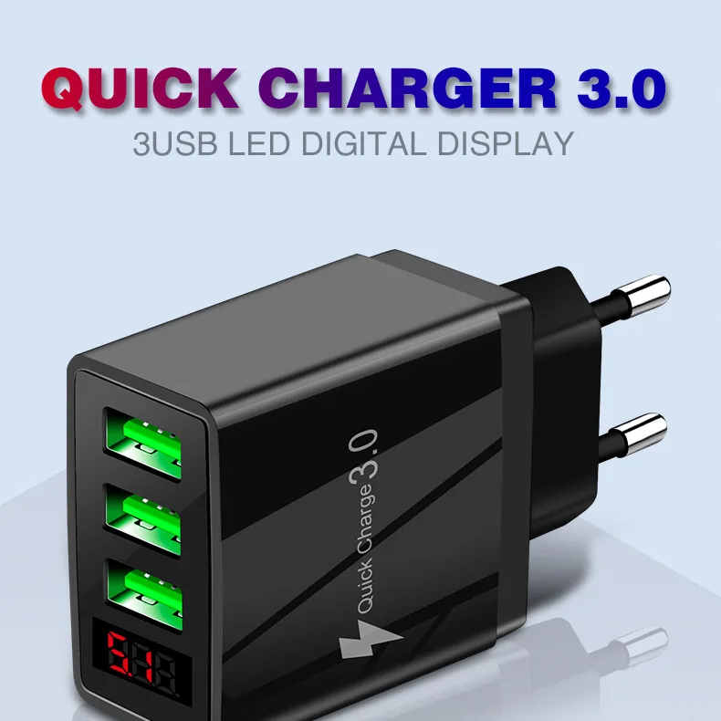 

QC3.0 Smart phone fast charger Digital display5V3.1A digital display mobile phone charger 3USB