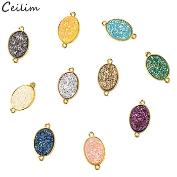 

10PCS Colorful Gold Resin Druzy Bead Charm for DIY Bracelet Earring Making Oval Round Pendant 2 Hole Connectors Jewelry Findings