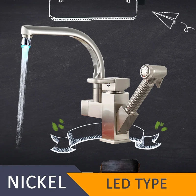 Nickel LED Хром Америка; Россия Blackend хром выдвижной спрей Кухня Раковина кран 360 регулятор струи одной ручкой смеситель для раковины кран - Цвет: Nickel LED