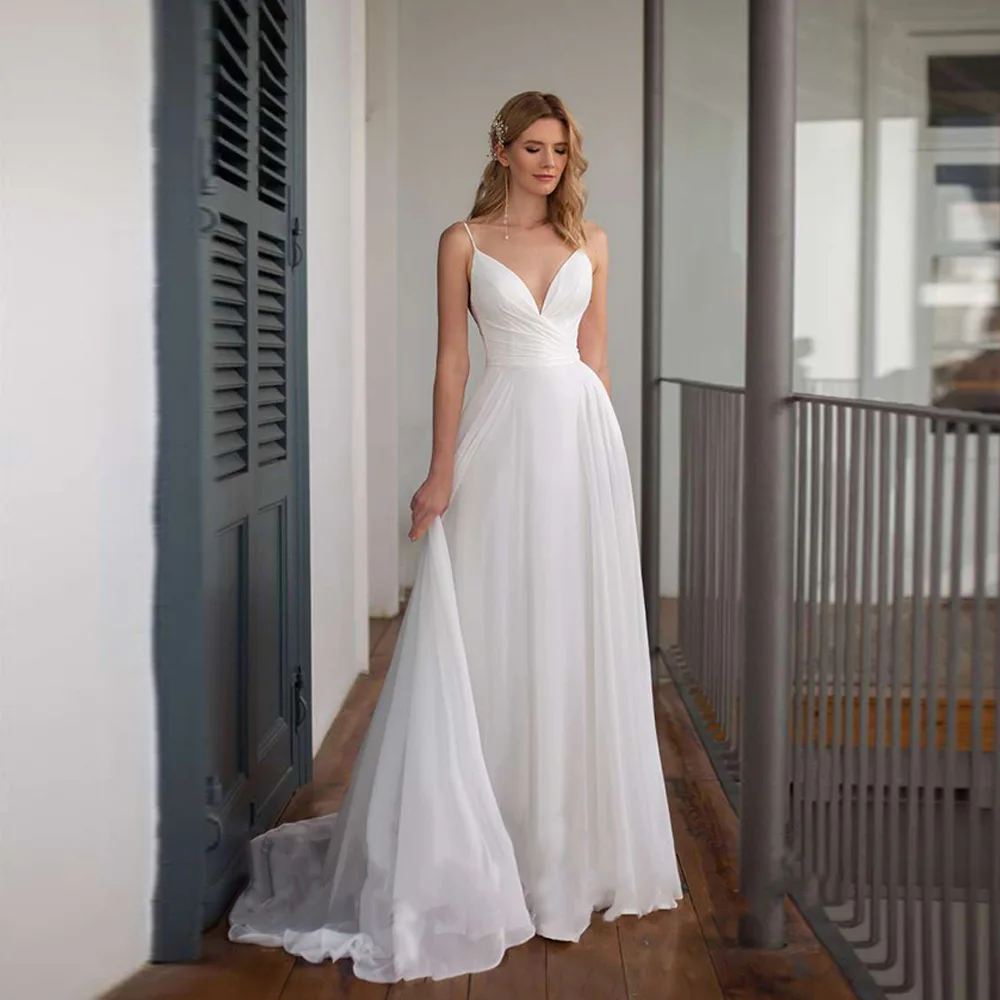 

Sexy Simple Chiffon Wedding Dress 2020 Spaghetti Straps V Neck Ruched Bodice A Line Boho Beach Wedding Dresses Vestido De Noiva