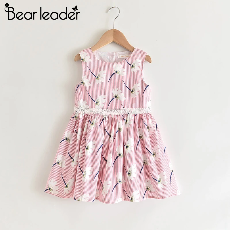 Bear Leader Striped Girls Dresses Summer New Children's Clothing Sweet Flowers Stitching Round Neck Sleeveless Vest Dress |