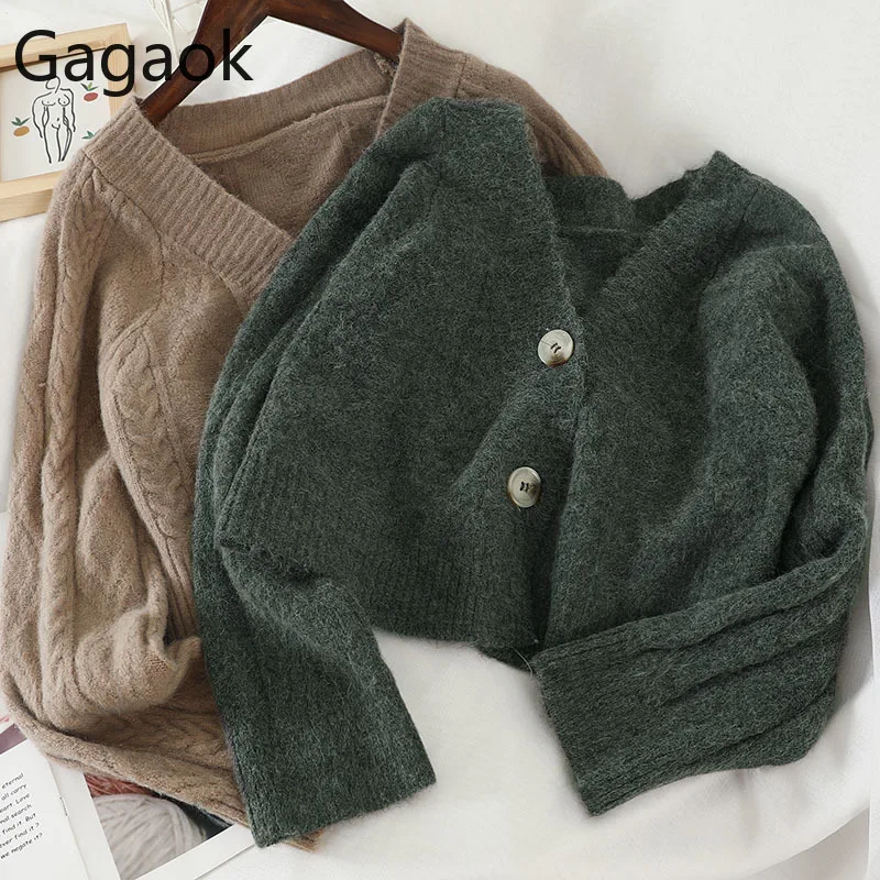 

Gagaok Women Knitted Loose Fashion Sweater Spring Autumn New Solid V-Neck Full Short Single Breasted Female Harajuku Cardigans