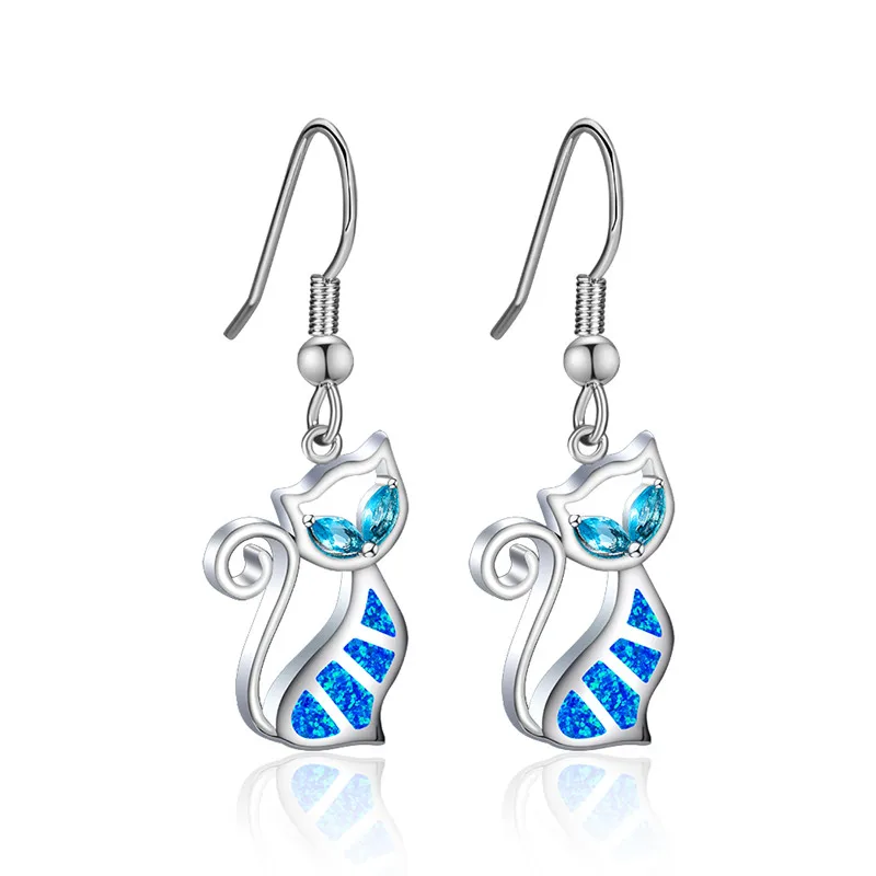 

Boho Female Crystal Opal Stone Drop Earrings Classic Silver Color Dangle Earrings Cute Blue White Cat Wedding Earrings For Women
