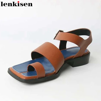 

Lenkisen western style cow leather high fashion square toe med square heels buckle straps netural young lady star sandals L41