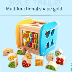 Caja a juego de formas multifuncionales para niños, juguete de madera Montessori para golpear Piano, Ábaco con cuentas, número, fruta, cordones