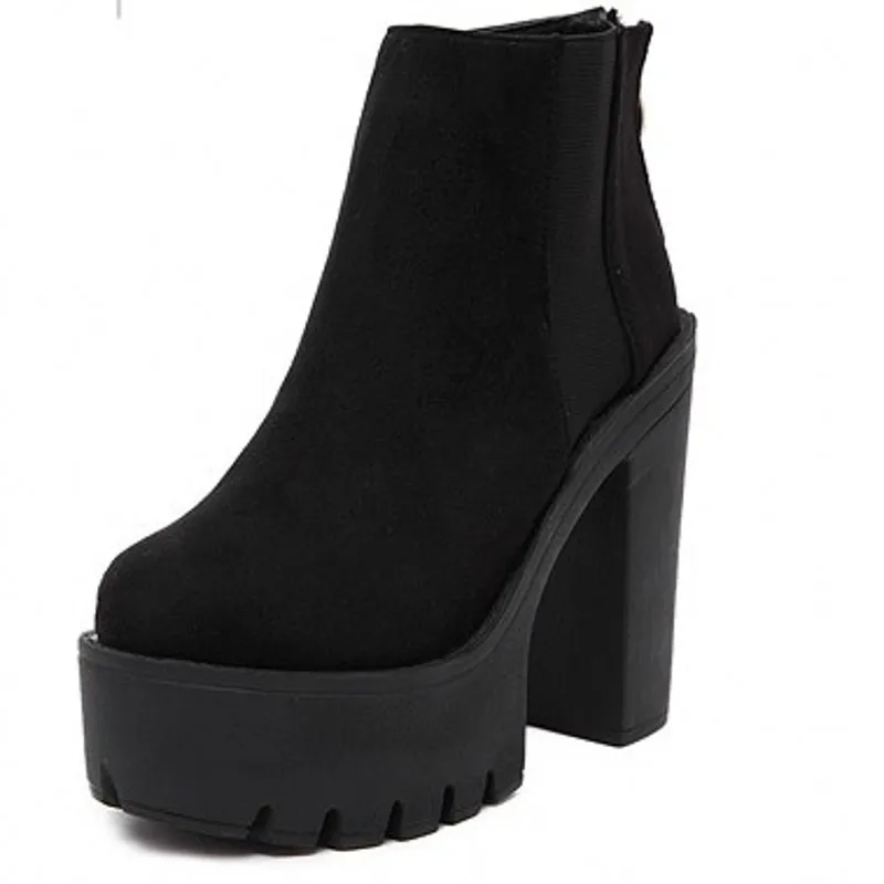 

Fashion Black Ankle Boots For Women Thick Heels Spring Autumn Flock Platform Shoes High Heels Black Zipper Ladies Boots 2020