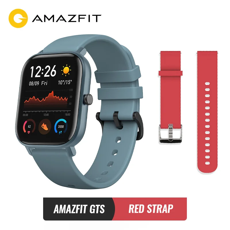 Глобальная версия Amazfit GTS, Смарт-часы, умные часы, gps, спортивные часы для бега, пульсометр 5 АТМ, водонепроницаемый браслет, AMOLED экран - Цвет: Blue add red str
