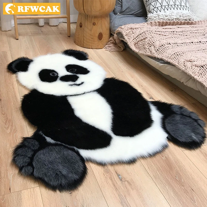 Alfombra peluda con patrón de Panda para sala de estar, Tapete de piel sintética con forma de Animal para decoración de habitación de niños