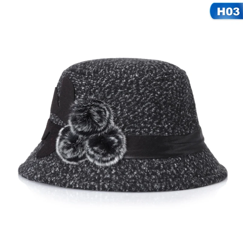 Новая женская шляпа Fedora, Женская шерстяная купольная шапка для девочек, осенне-зимняя шерстяная шапка с цветком, шерстяная купольная шапка - Цвет: H03