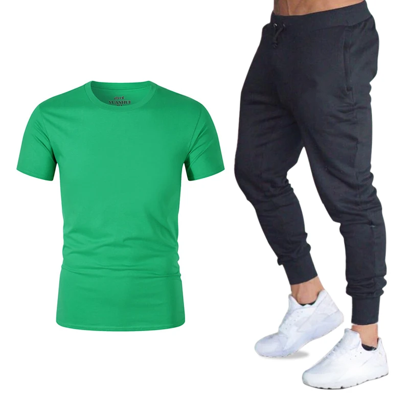 Весенняя и Осенняя новая мужская футболка с коротким рукавом, модная повседневная свободная футболка, Мужские дышащие спортивные штаны для бега, мужской комплект
