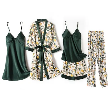 

SIMISI 5pcs Women's Nightgown Suit Rayon Print Sexy Robe Sets with Chest Pad Above Knee, Mini Summer Leisure Home Clothes