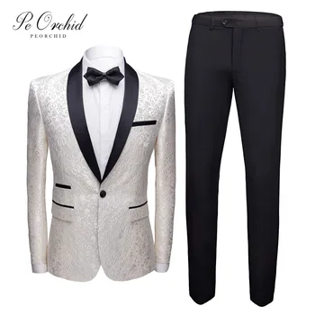 

PEORCHID White Black Men Classic Suit Jacquard Pattern Wedding Party Suit Host Stage Costumes 2020 Stylish Abiti Da Sposo Uomo