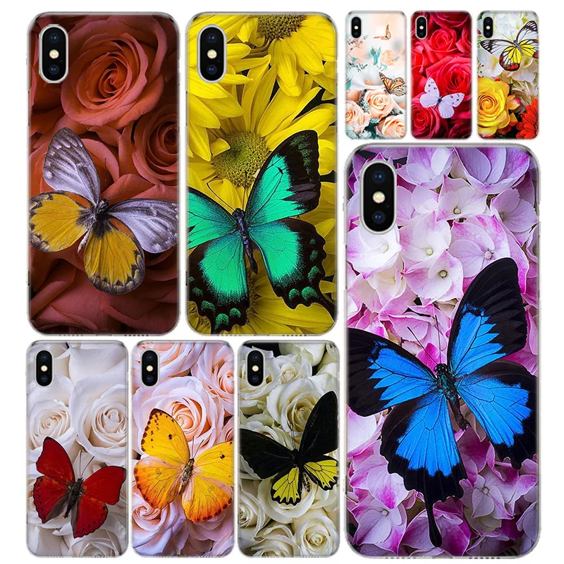 Чехол для телефона с изображением бабочки и белых роз IPhone 11 12 Mini Pro 7 6 X 8 6S Plus XS MAX + XR